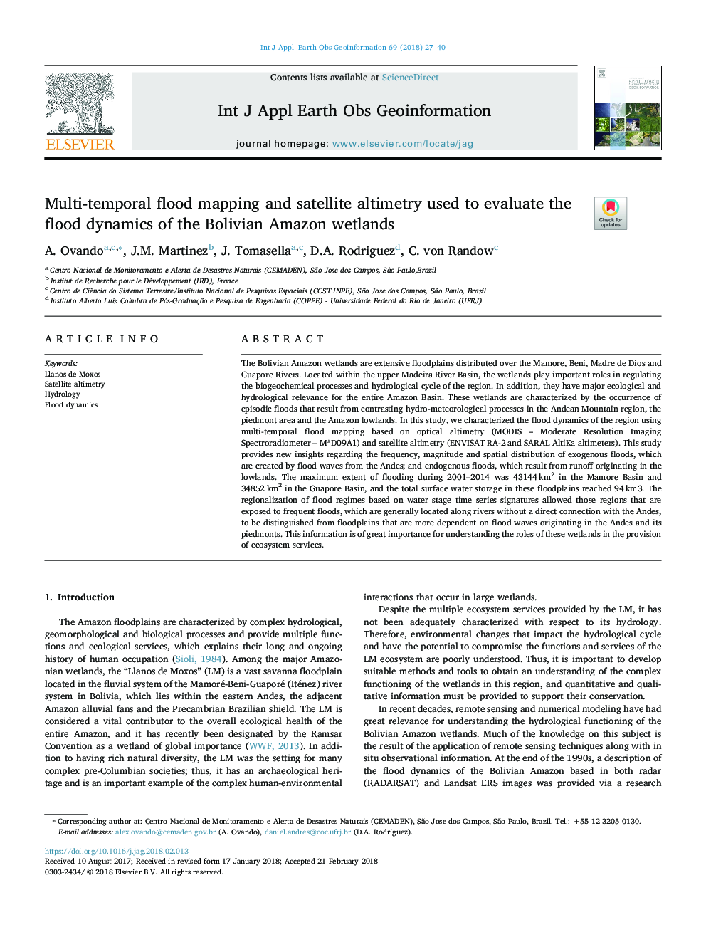 Multi-temporal flood mapping and satellite altimetry used to evaluate the flood dynamics of the Bolivian Amazon wetlands