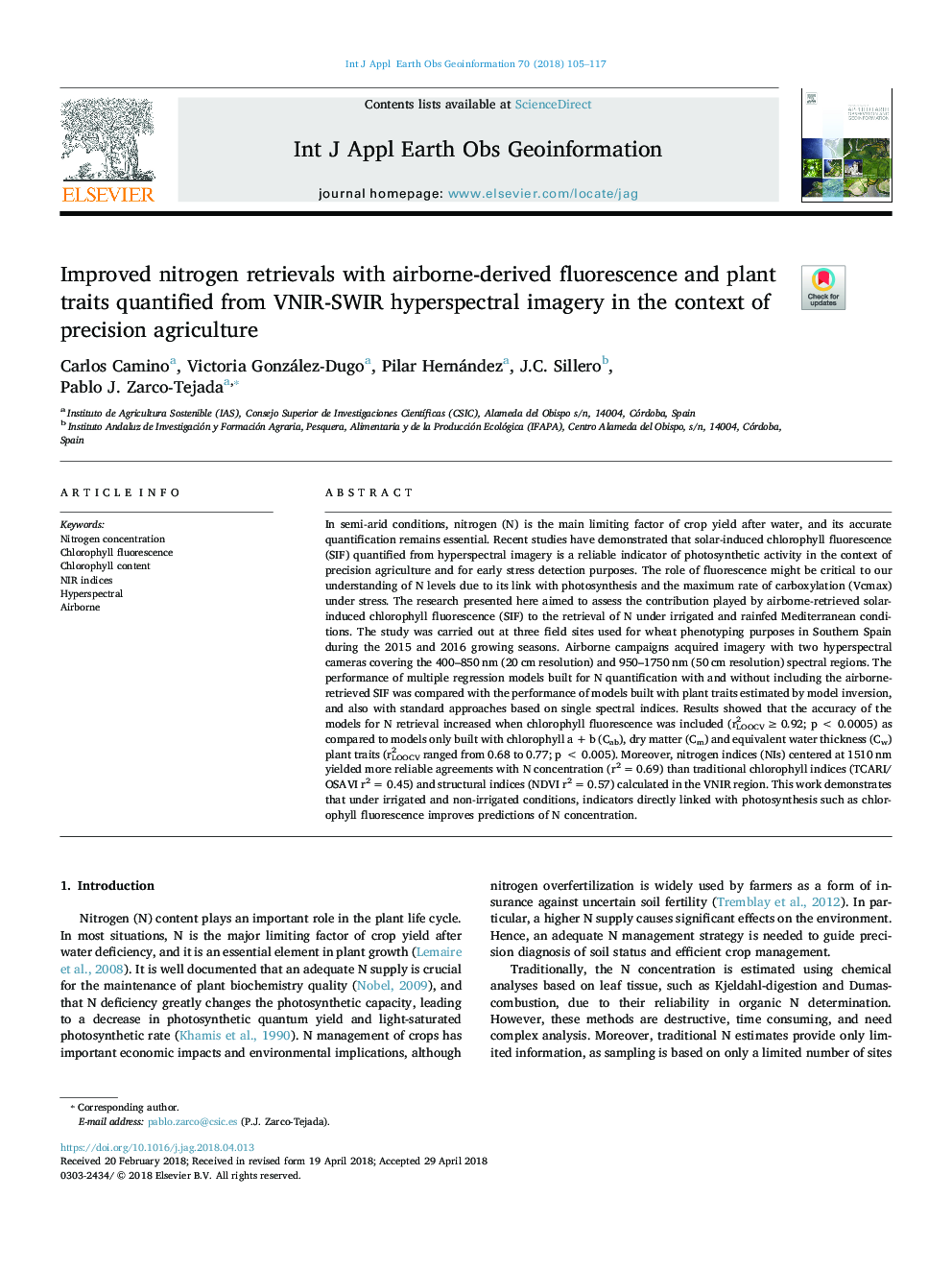 Improved nitrogen retrievals with airborne-derived fluorescence and plant traits quantified from VNIR-SWIR hyperspectral imagery in the context of precision agriculture