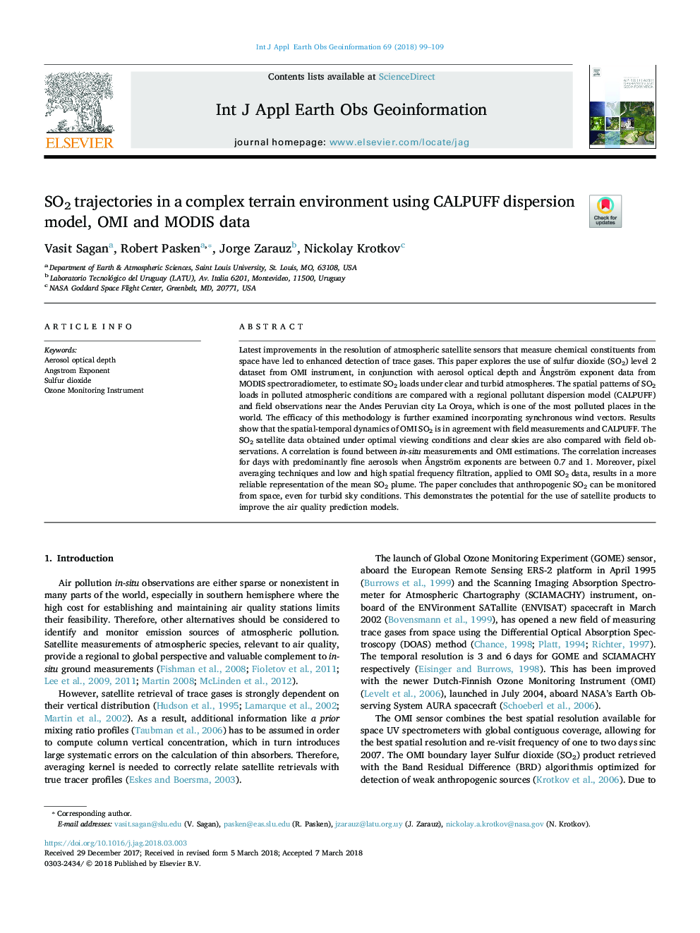 SO2 trajectories in a complex terrain environment using CALPUFF dispersion model, OMI and MODIS data