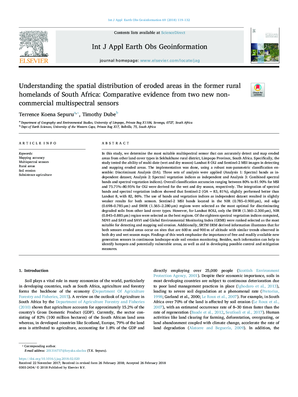 Understanding the spatial distribution of eroded areas in the former rural homelands of South Africa: Comparative evidence from two new non-commercial multispectral sensors