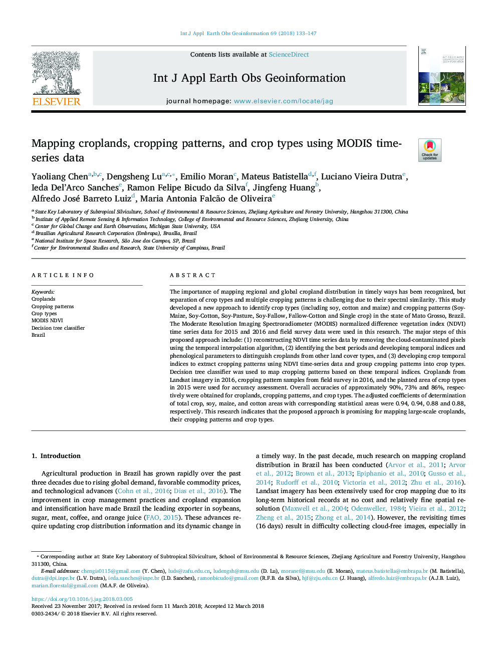 Mapping croplands, cropping patterns, and crop types using MODIS time-series data