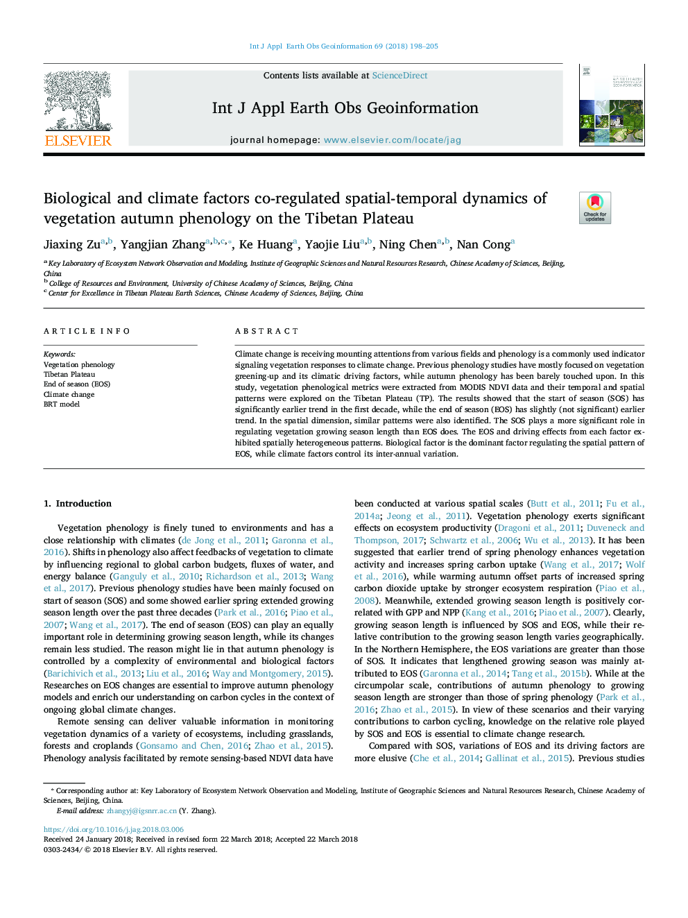 Biological and climate factors co-regulated spatial-temporal dynamics of vegetation autumn phenology on the Tibetan Plateau