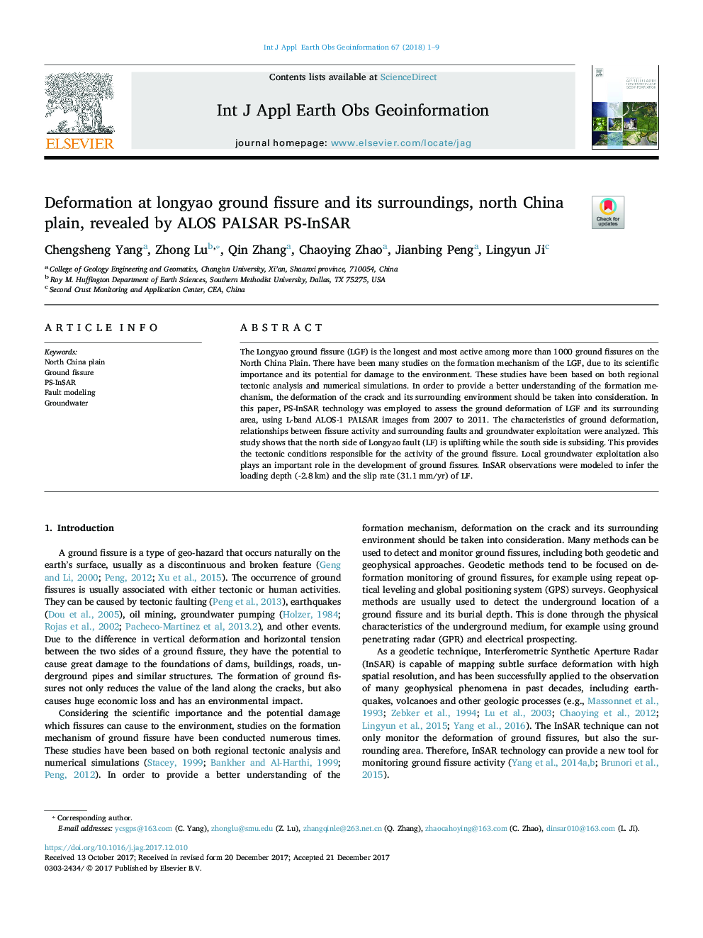 Deformation at longyao ground fissure and its surroundings, north China plain, revealed by ALOS PALSAR PS-InSAR