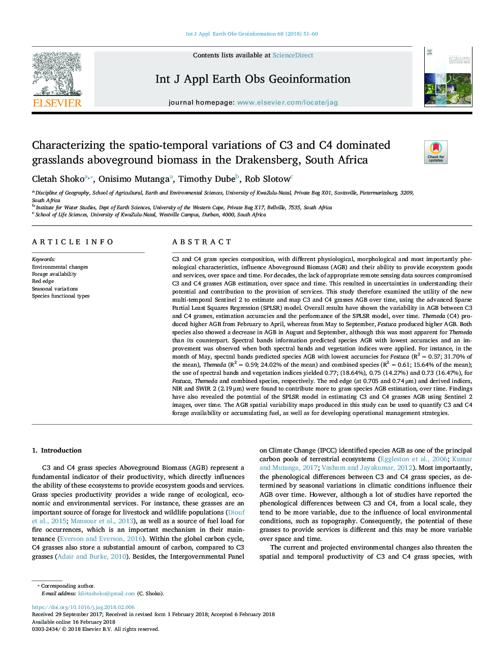 Characterizing the spatio-temporal variations of C3 and C4 dominated grasslands aboveground biomass in the Drakensberg, South Africa