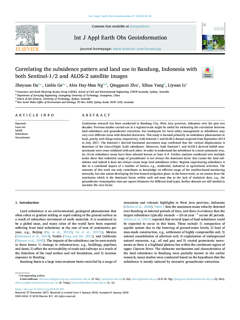 Correlating the subsidence pattern and land use in Bandung, Indonesia with both Sentinel-1/2 and ALOS-2 satellite images