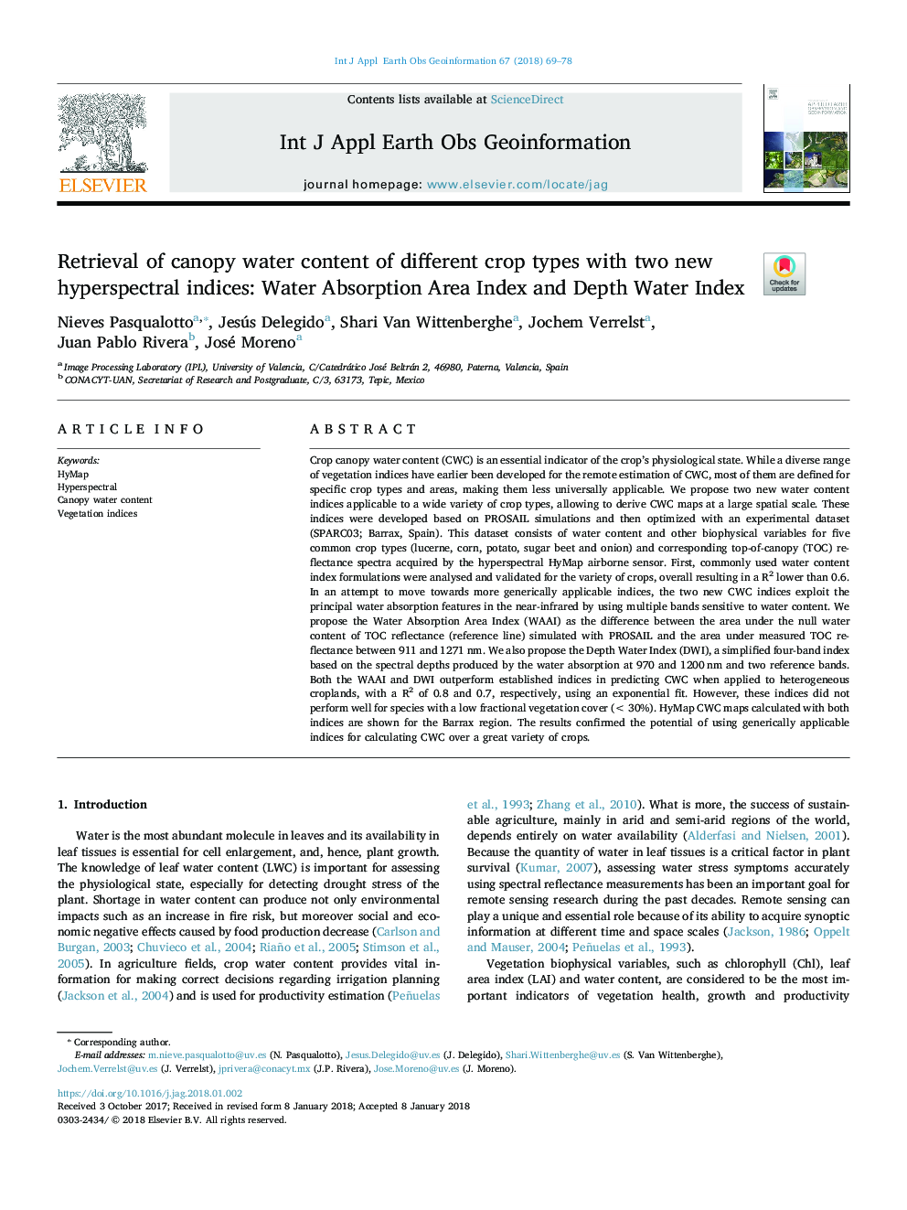 Retrieval of canopy water content of different crop types with two new hyperspectral indices: Water Absorption Area Index and Depth Water Index