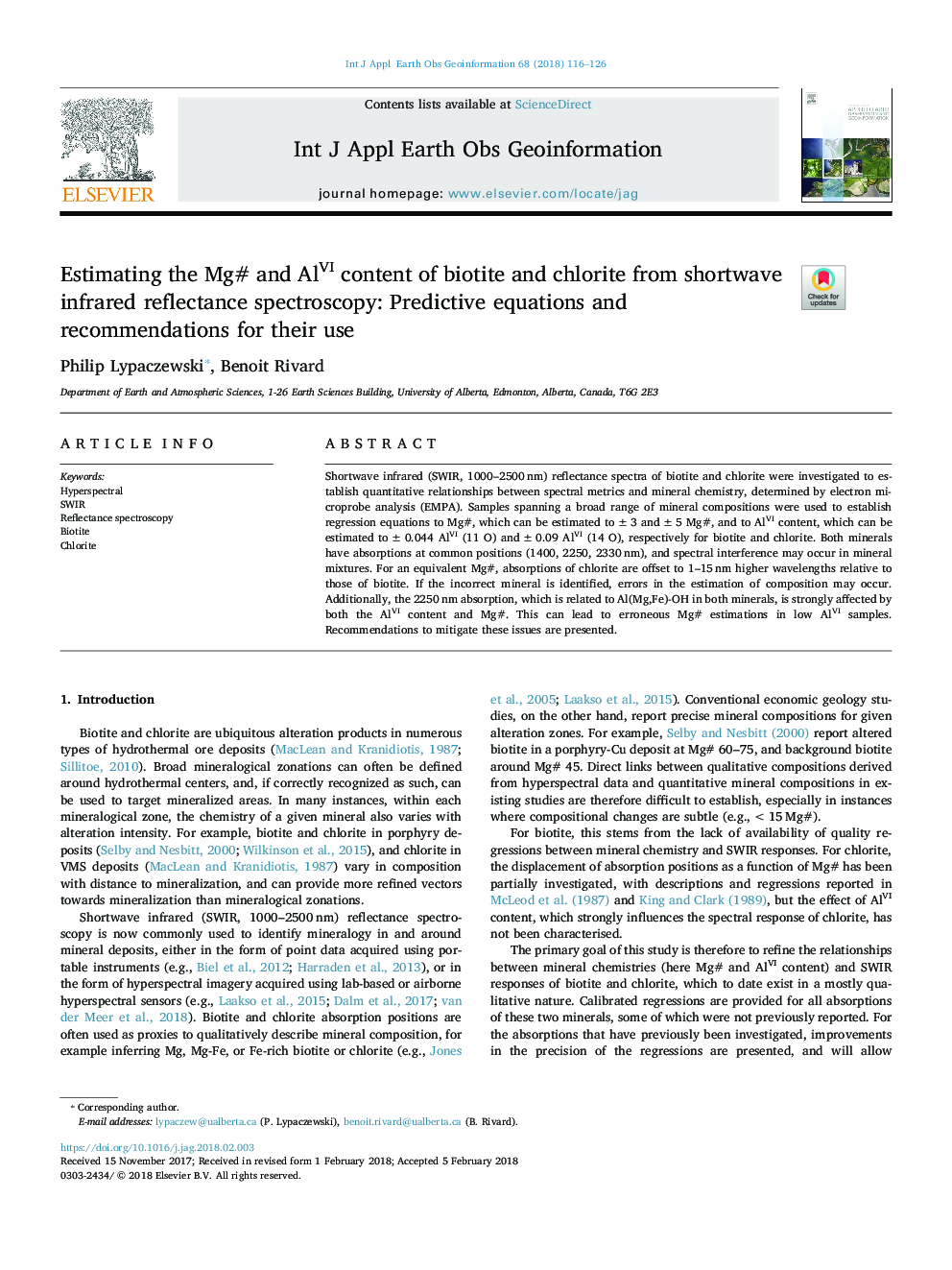 Estimating the Mg# and AlVI content of biotite and chlorite from shortwave infrared reflectance spectroscopy: Predictive equations and recommendations for their use