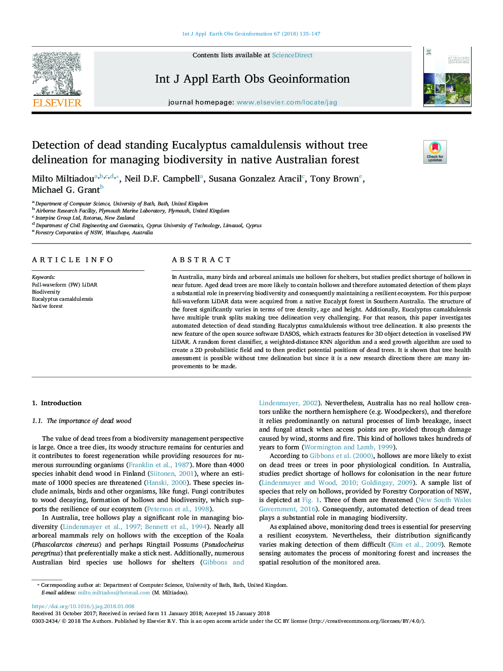 Detection of dead standing Eucalyptus camaldulensis without tree delineation for managing biodiversity in native Australian forest