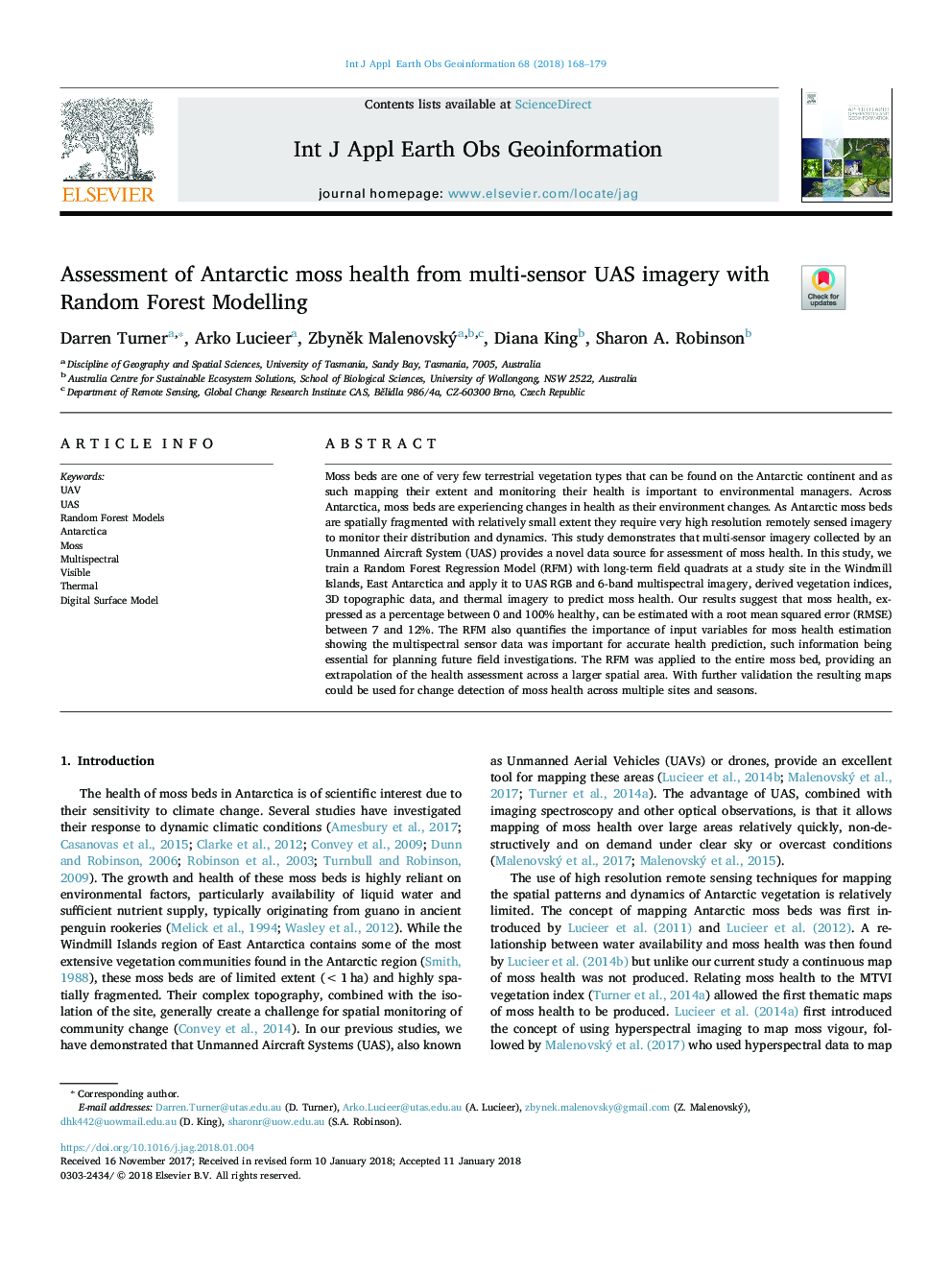 Assessment of Antarctic moss health from multi-sensor UAS imagery with Random Forest Modelling