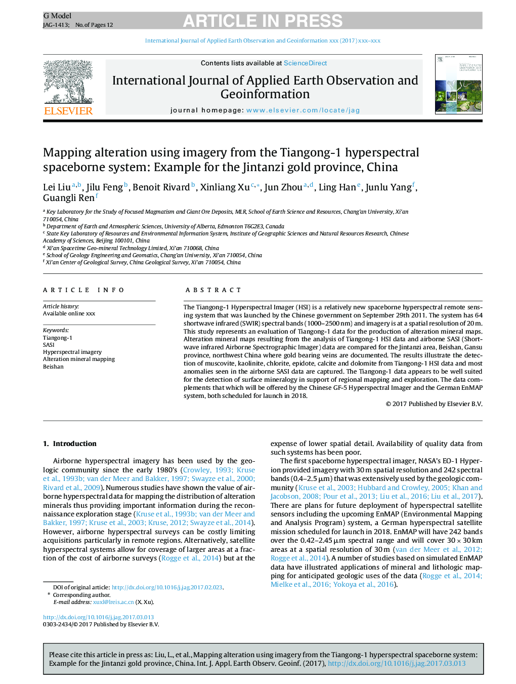 Mapping alteration using imagery from the Tiangong-1 hyperspectral spaceborne system: Example for the Jintanzi gold province, China