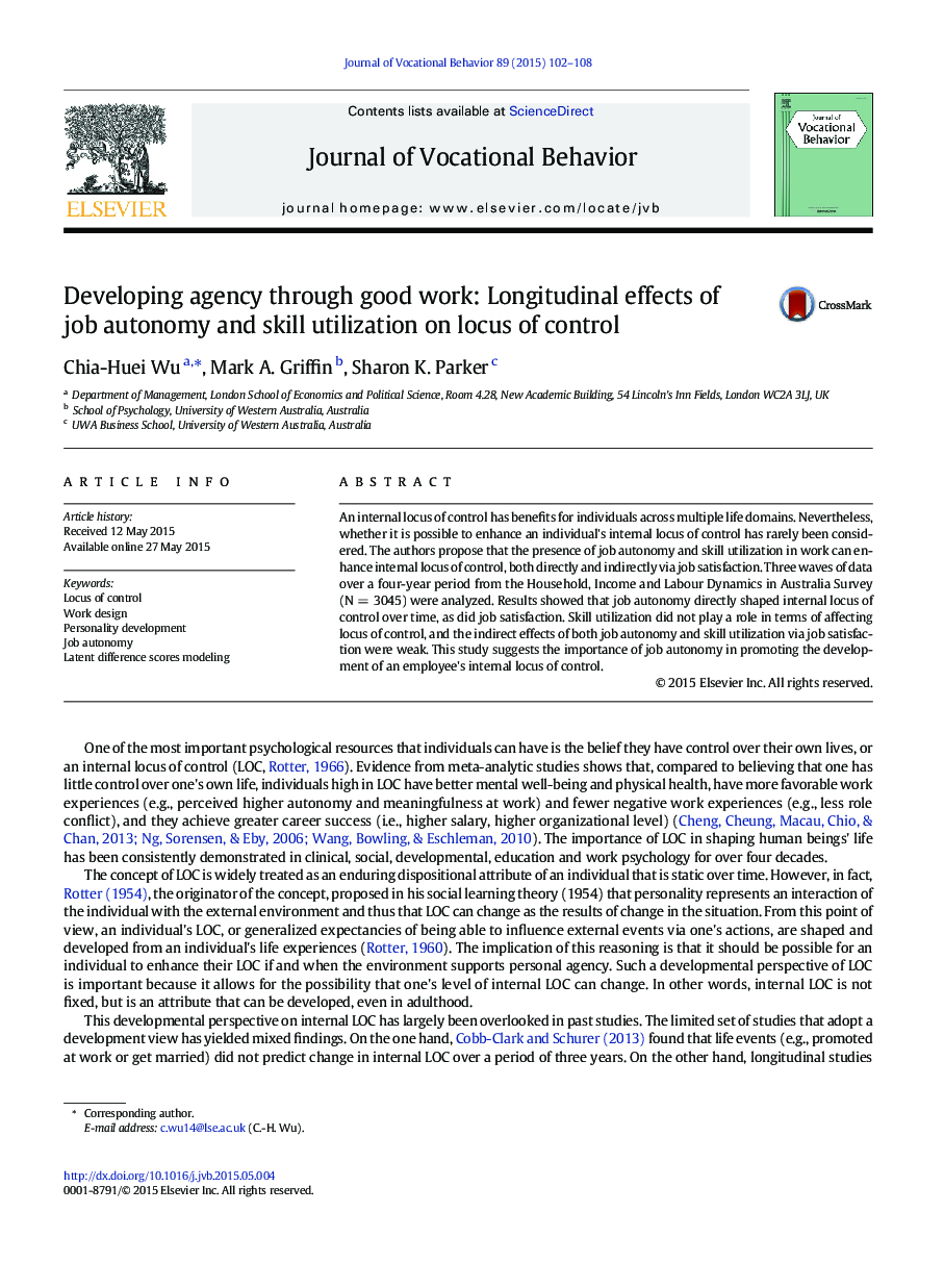 Developing agency through good work: Longitudinal effects of job autonomy and skill utilization on locus of control