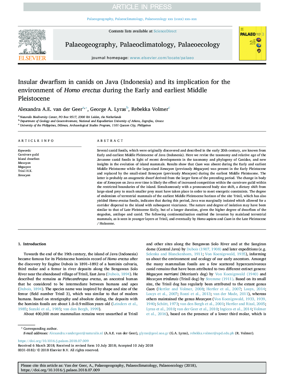 Insular dwarfism in canids on Java (Indonesia) and its implication for the environment of Homo erectus during the Early and earliest Middle Pleistocene