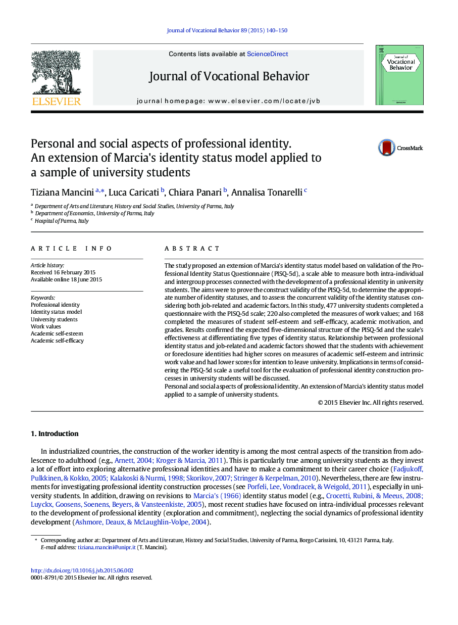 Personal and social aspects of professional identity.: An extension of Marcia's identity status model applied to a sample of university students