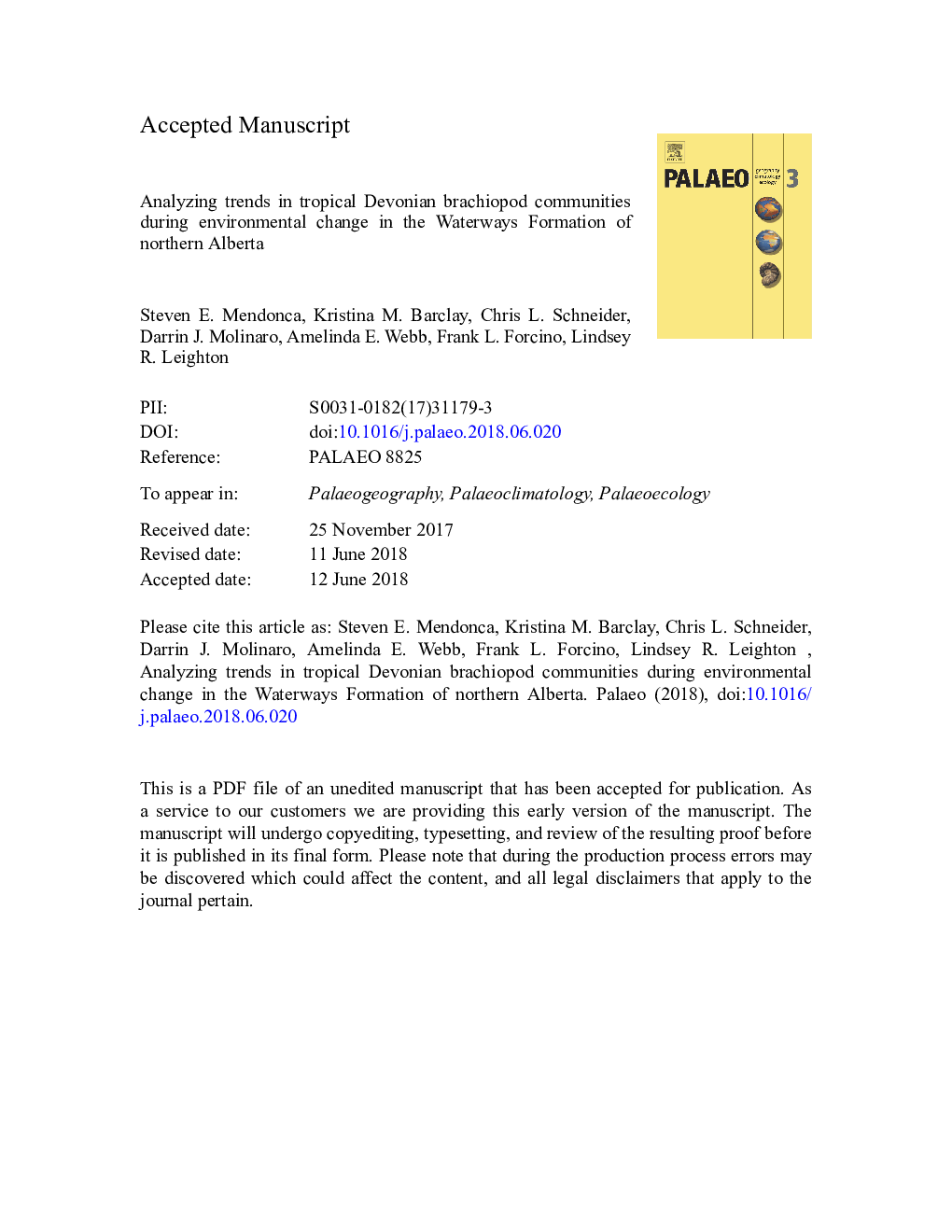 Analyzing trends in tropical Devonian brachiopod communities during environmental change in the Waterways Formation of northern Alberta