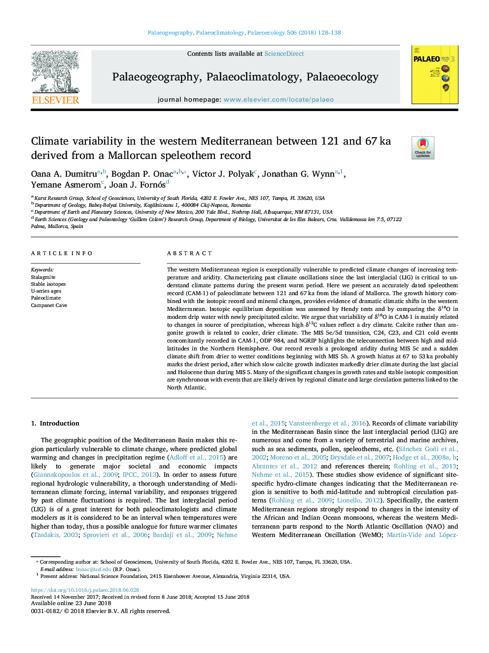 Climate variability in the western Mediterranean between 121 and 67â¯ka derived from a Mallorcan speleothem record