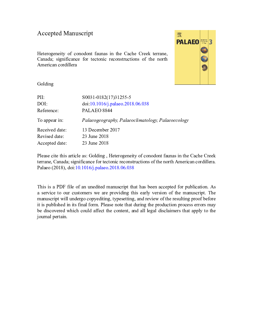 Heterogeneity of conodont faunas in the Cache Creek Terrane, Canada; significance for tectonic reconstructions of the North American Cordillera