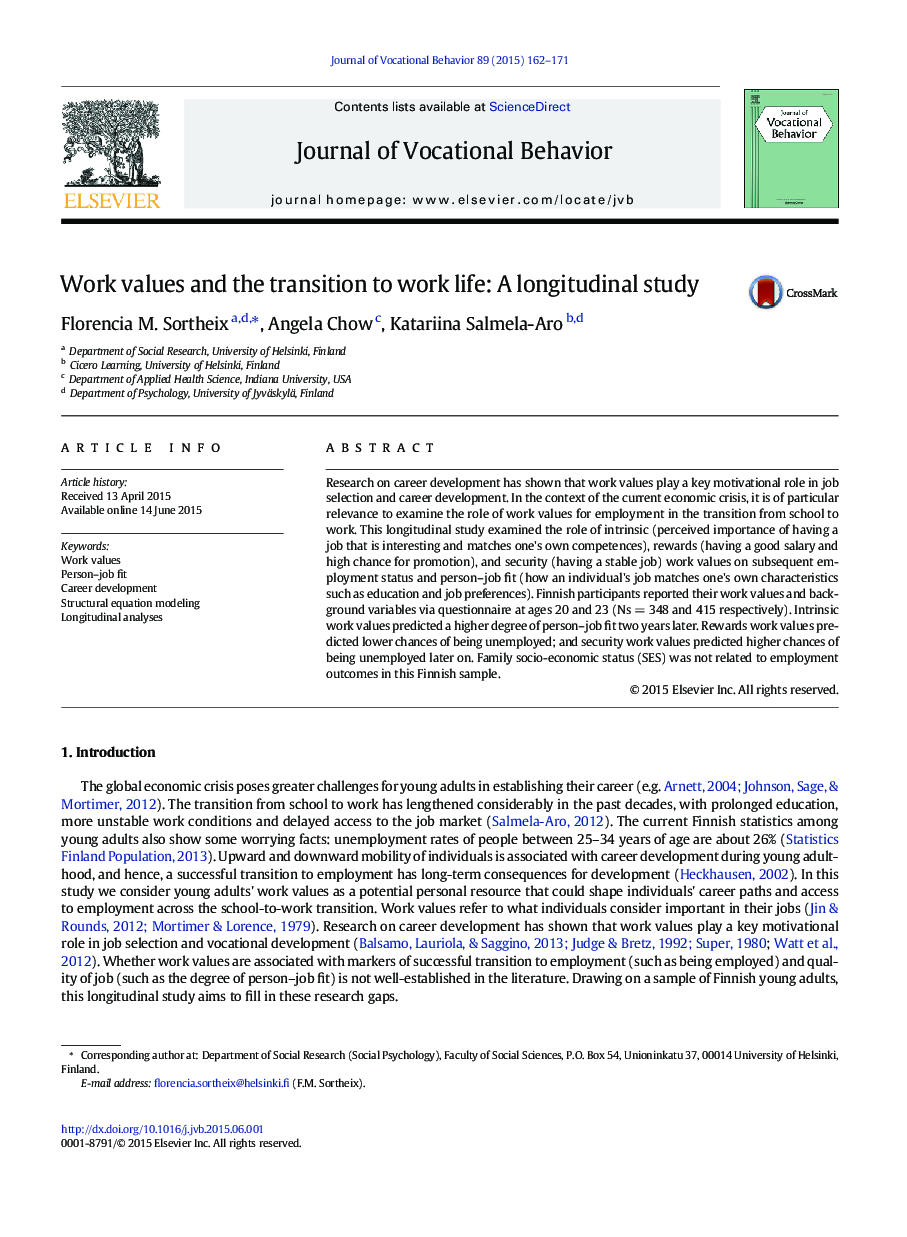 Work values and the transition to work life: A longitudinal study