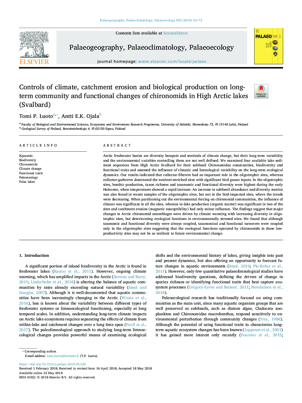 Controls of climate, catchment erosion and biological production on long-term community and functional changes of chironomids in High Arctic lakes (Svalbard)