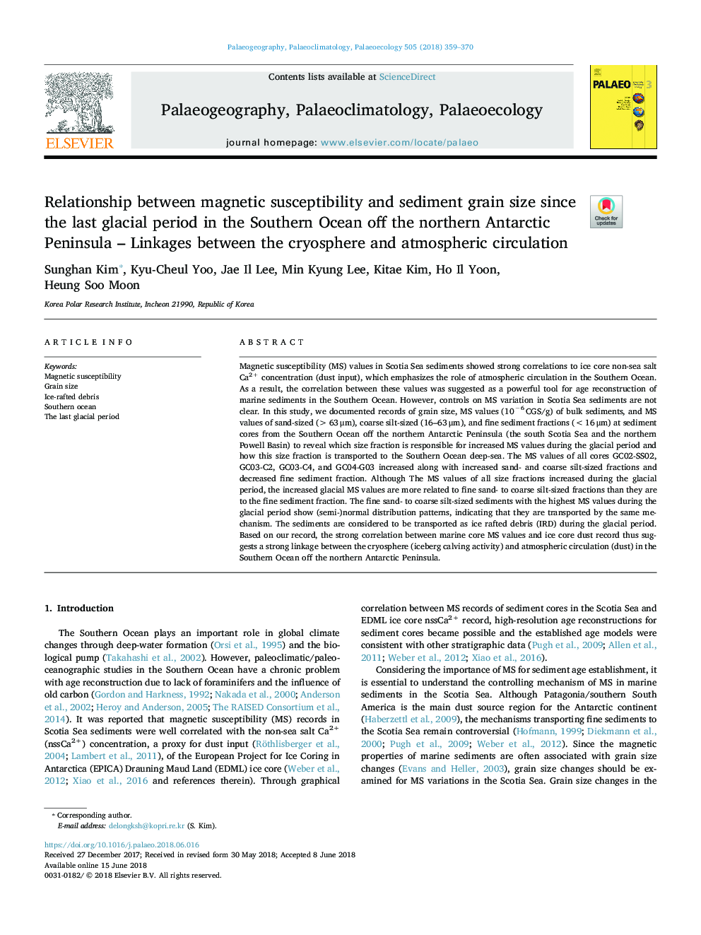 Relationship between magnetic susceptibility and sediment grain size since the last glacial period in the Southern Ocean off the northern Antarctic Peninsula - Linkages between the cryosphere and atmospheric circulation