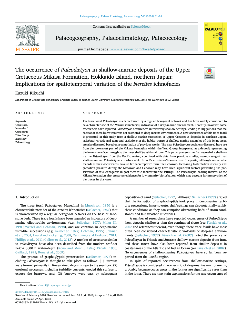 The occurrence of Paleodictyon in shallow-marine deposits of the Upper Cretaceous Mikasa Formation, Hokkaido Island, northern Japan: Implications for spatiotemporal variation of the Nereites ichnofacies