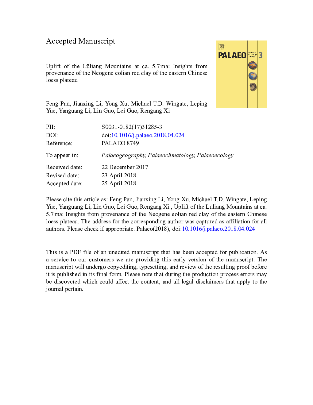 Uplift of the Lüliang Mountains at ca. 5.7â¯Ma: Insights from provenance of the Neogene eolian red clay of the eastern Chinese Loess Plateau