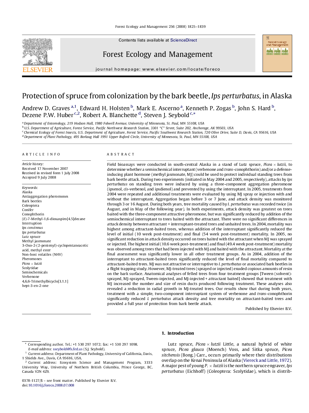 Protection of spruce from colonization by the bark beetle, Ips perturbatus, in Alaska