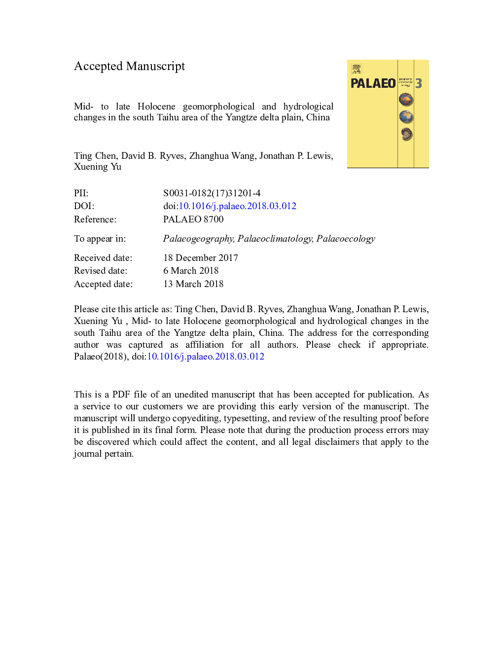 Mid- to late Holocene geomorphological and hydrological changes in the south Taihu area of the Yangtze delta plain, China