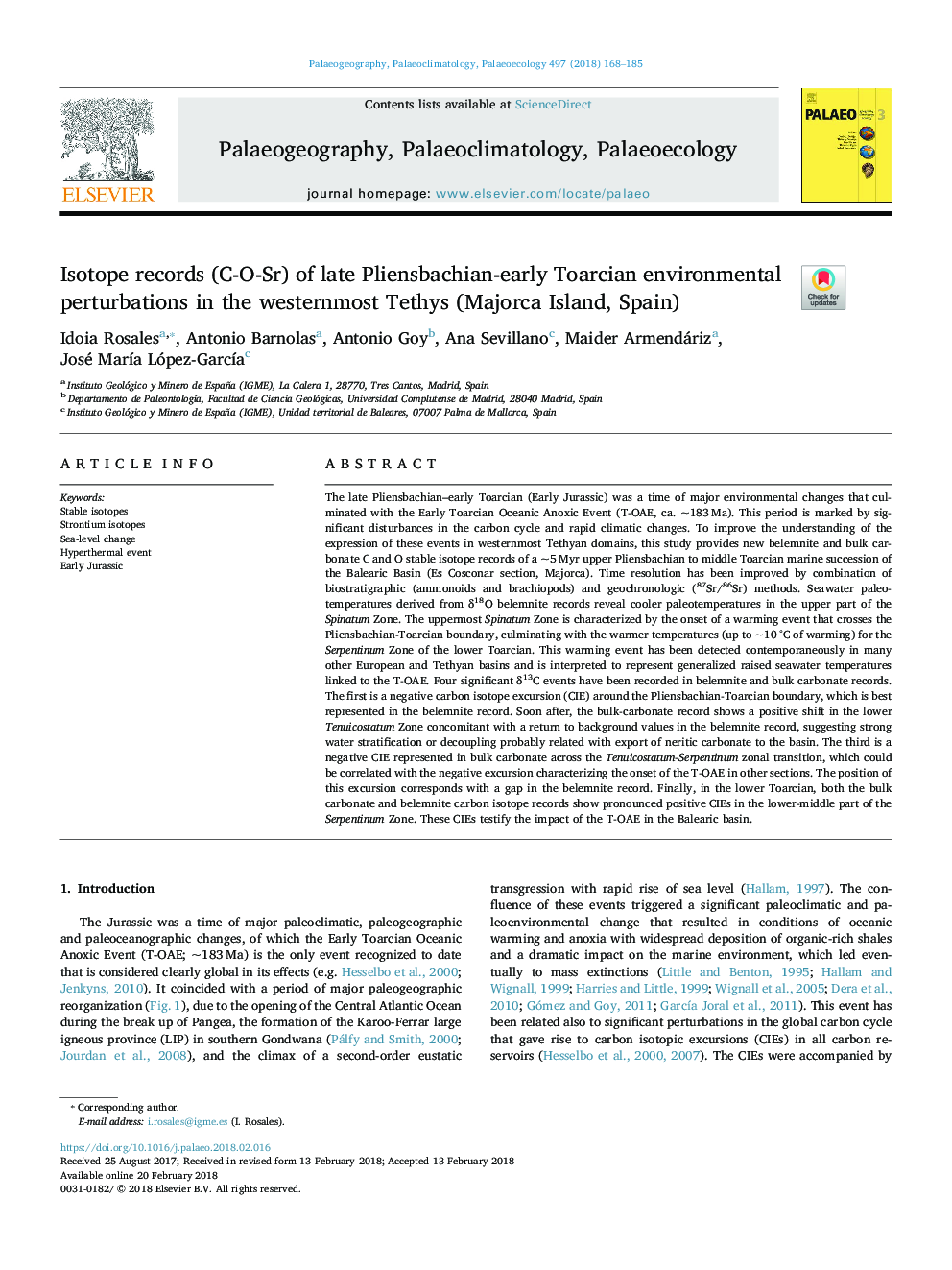 Isotope records (C-O-Sr) of late Pliensbachian-early Toarcian environmental perturbations in the westernmost Tethys (Majorca Island, Spain)