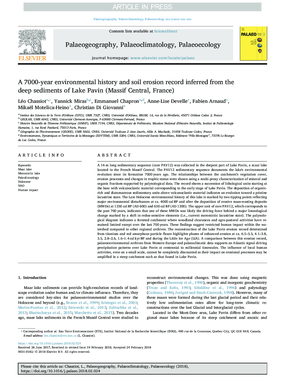 A 7000-year environmental history and soil erosion record inferred from the deep sediments of Lake Pavin (Massif Central, France)