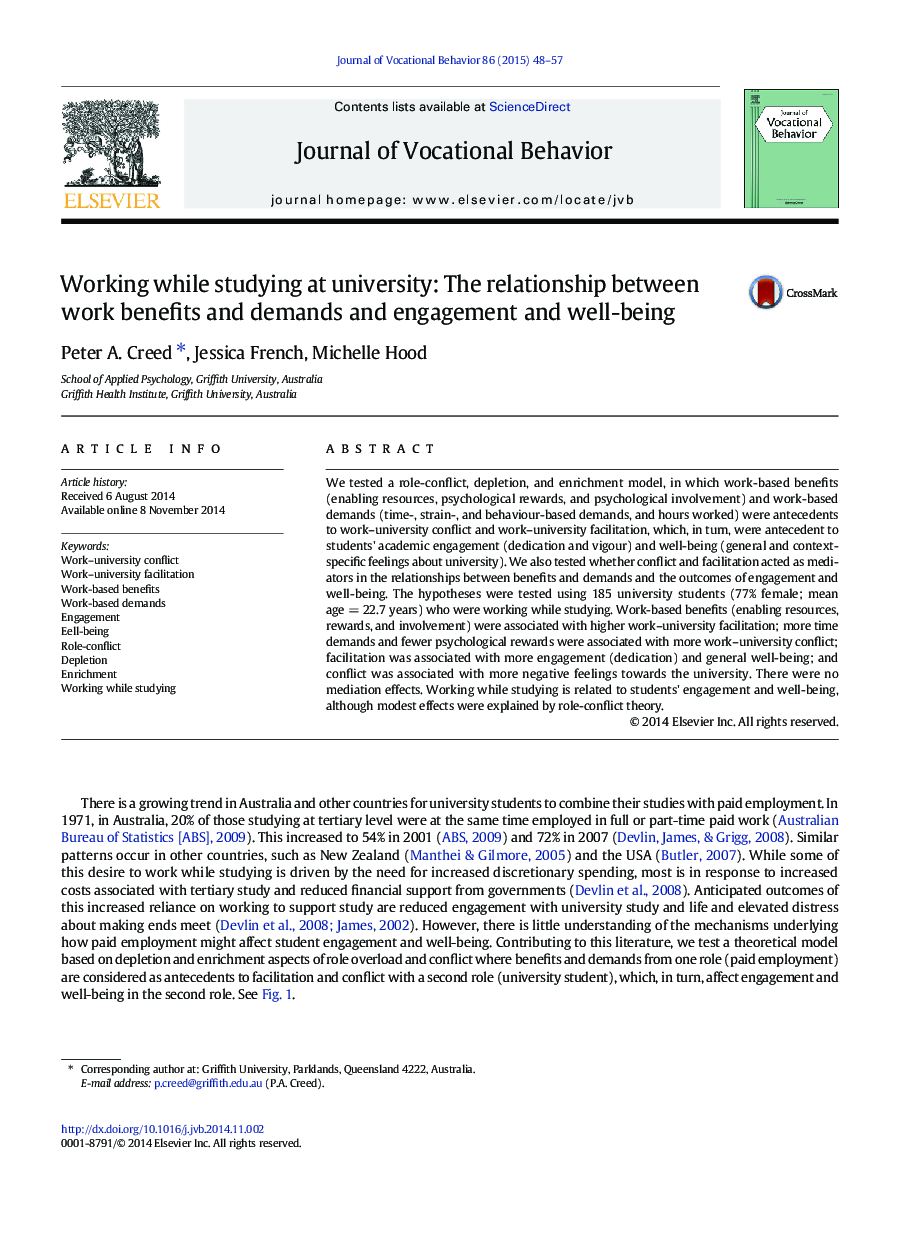 کار در هنگام تحصیل در دانشگاه: رابطه بین مزایای کار و خواسته ها و تعامل و رفاه 