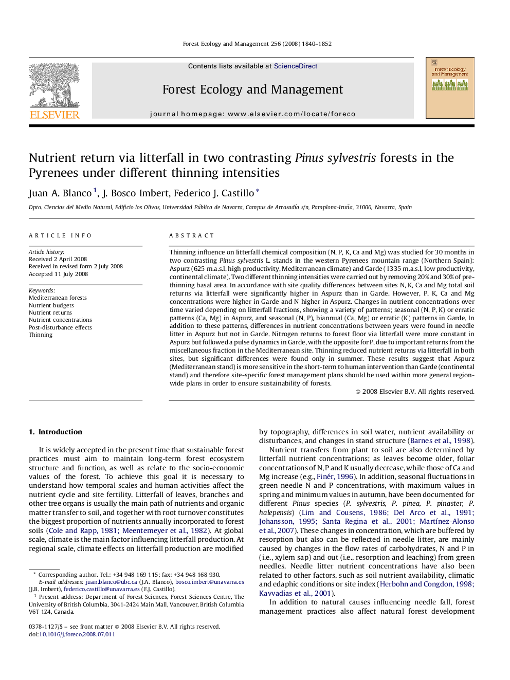 Nutrient return via litterfall in two contrasting Pinus sylvestris forests in the Pyrenees under different thinning intensities