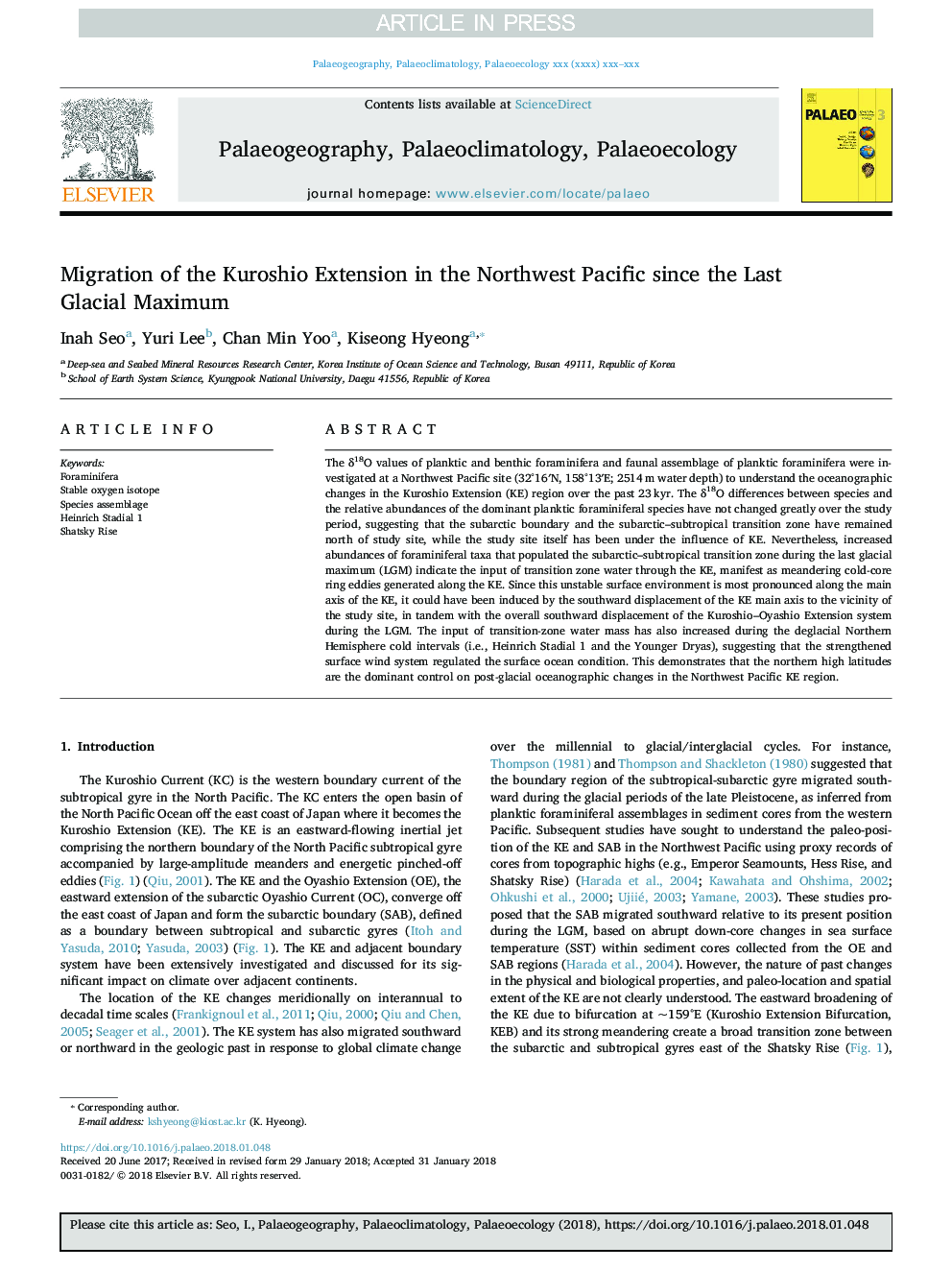 Migration of the Kuroshio Extension in the Northwest Pacific since the Last Glacial Maximum