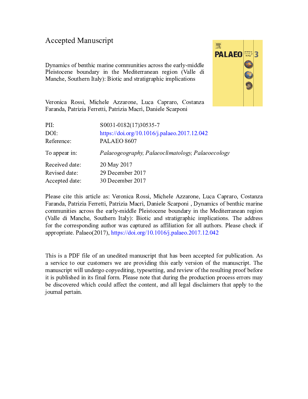 Dynamics of benthic marine communities across the Early-Middle Pleistocene boundary in the Mediterranean region (Valle di Manche, Southern Italy): Biotic and stratigraphic implications