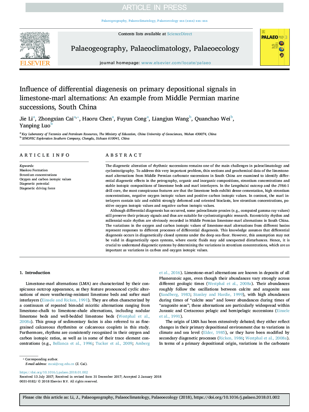 Influence of differential diagenesis on primary depositional signals in limestone-marl alternations: An example from Middle Permian marine successions, South China