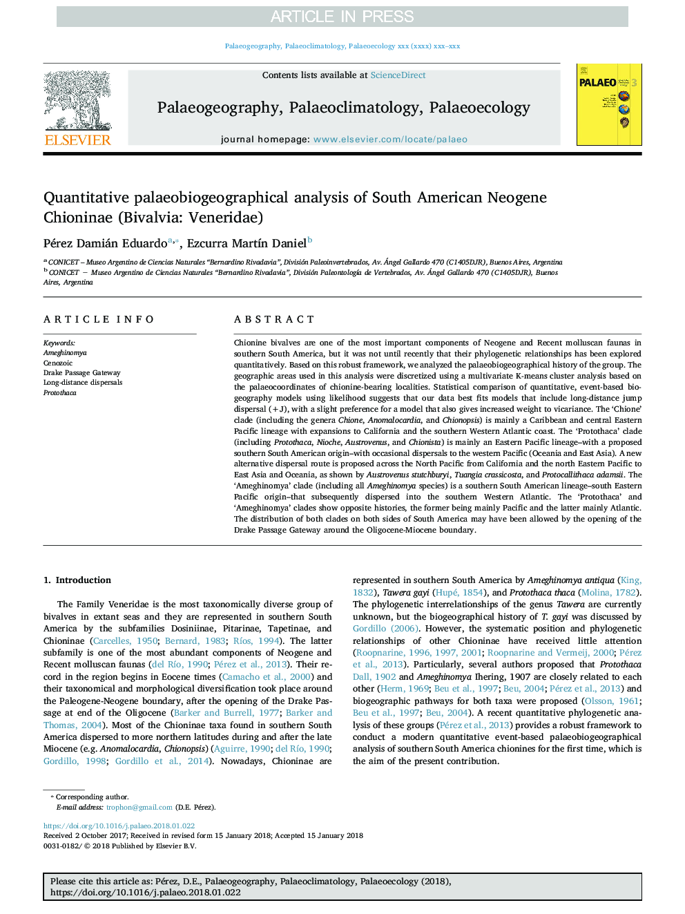 Quantitative palaeobiogeographical analysis of South American Neogene Chioninae (Bivalvia: Veneridae)