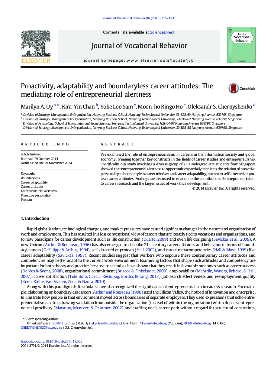 Proactivity, adaptability and boundaryless career attitudes: The mediating role of entrepreneurial alertness