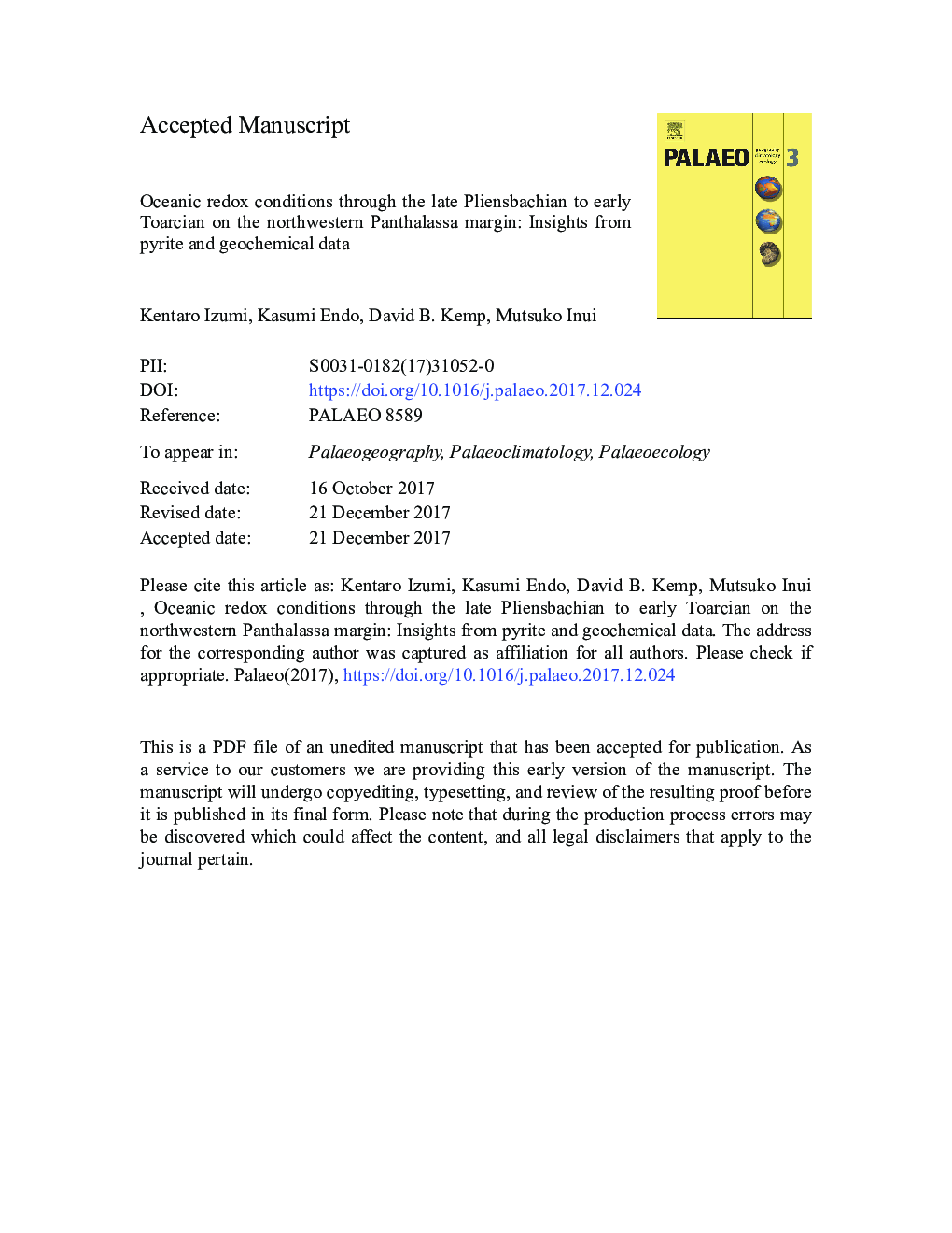 Oceanic redox conditions through the late Pliensbachian to early Toarcian on the northwestern Panthalassa margin: Insights from pyrite and geochemical data