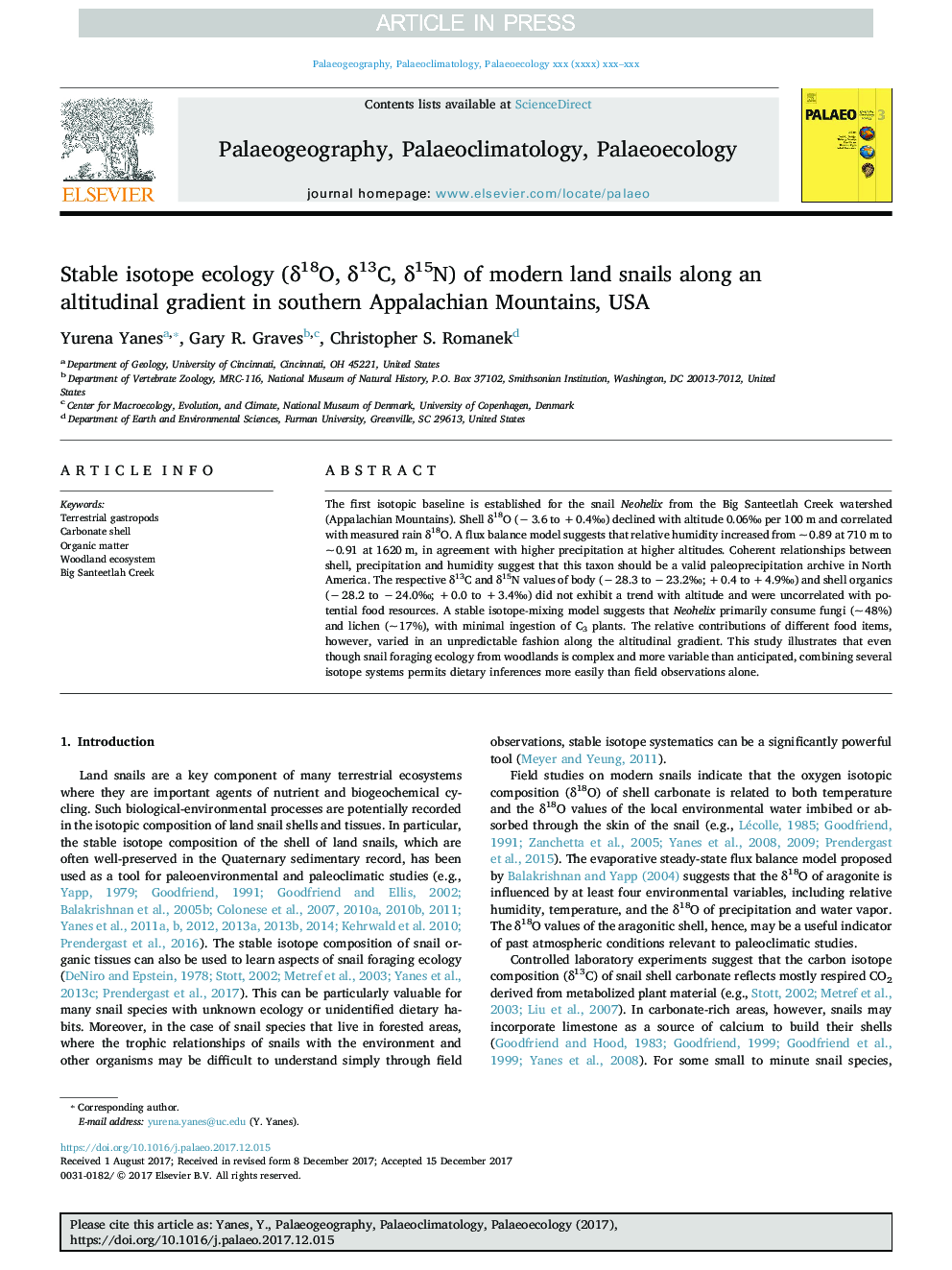 Stable isotope ecology (Î´18O, Î´13C, Î´15N) of modern land snails along an altitudinal gradient in southern Appalachian Mountains, USA