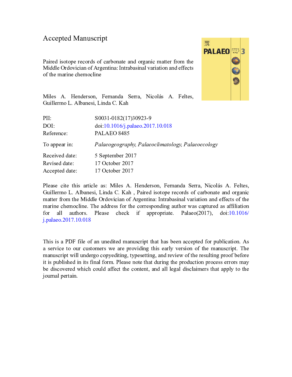 Paired isotope records of carbonate and organic matter from the Middle Ordovician of Argentina: Intrabasinal variation and effects of the marine chemocline