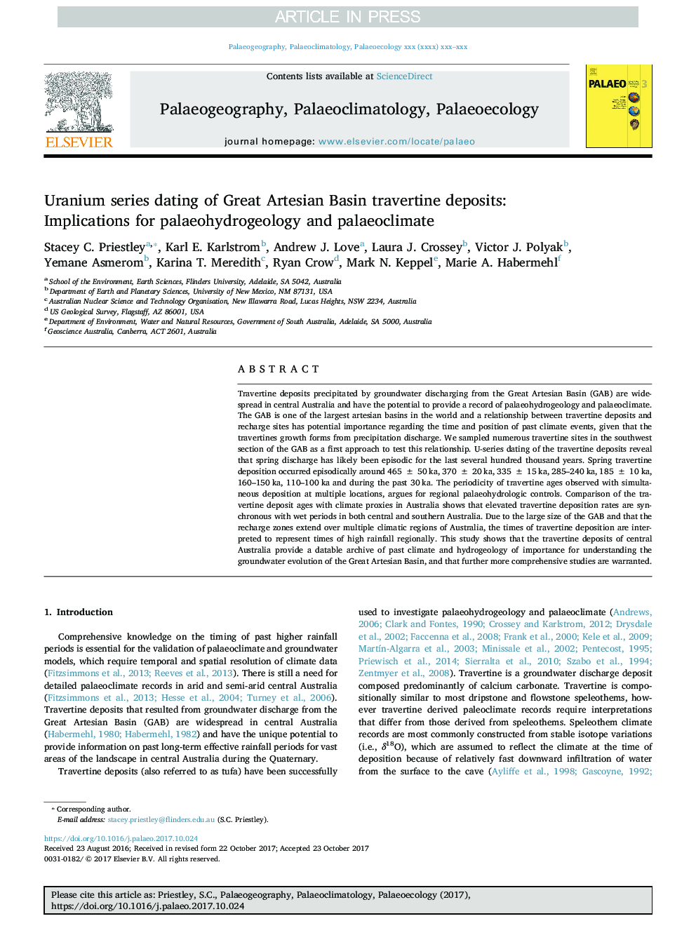 Uranium series dating of Great Artesian Basin travertine deposits: Implications for palaeohydrogeology and palaeoclimate