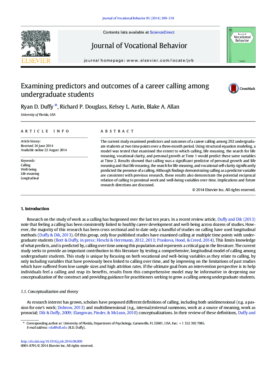 Examining predictors and outcomes of a career calling among undergraduate students