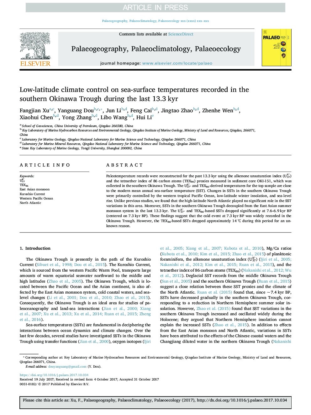 Low-latitude climate control on sea-surface temperatures recorded in the southern Okinawa Trough during the last 13.3Â kyr