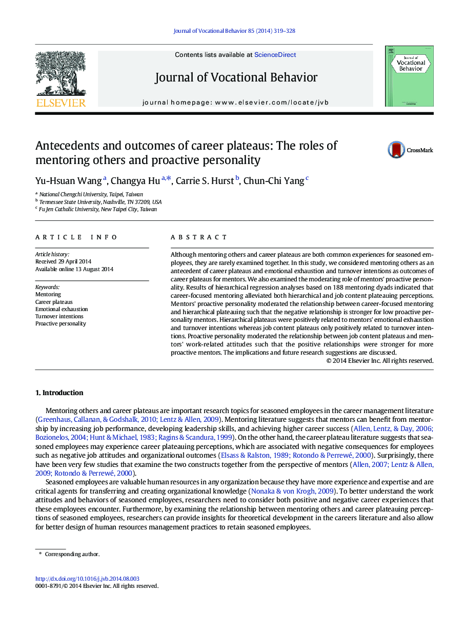 Antecedents and outcomes of career plateaus: The roles of mentoring others and proactive personality