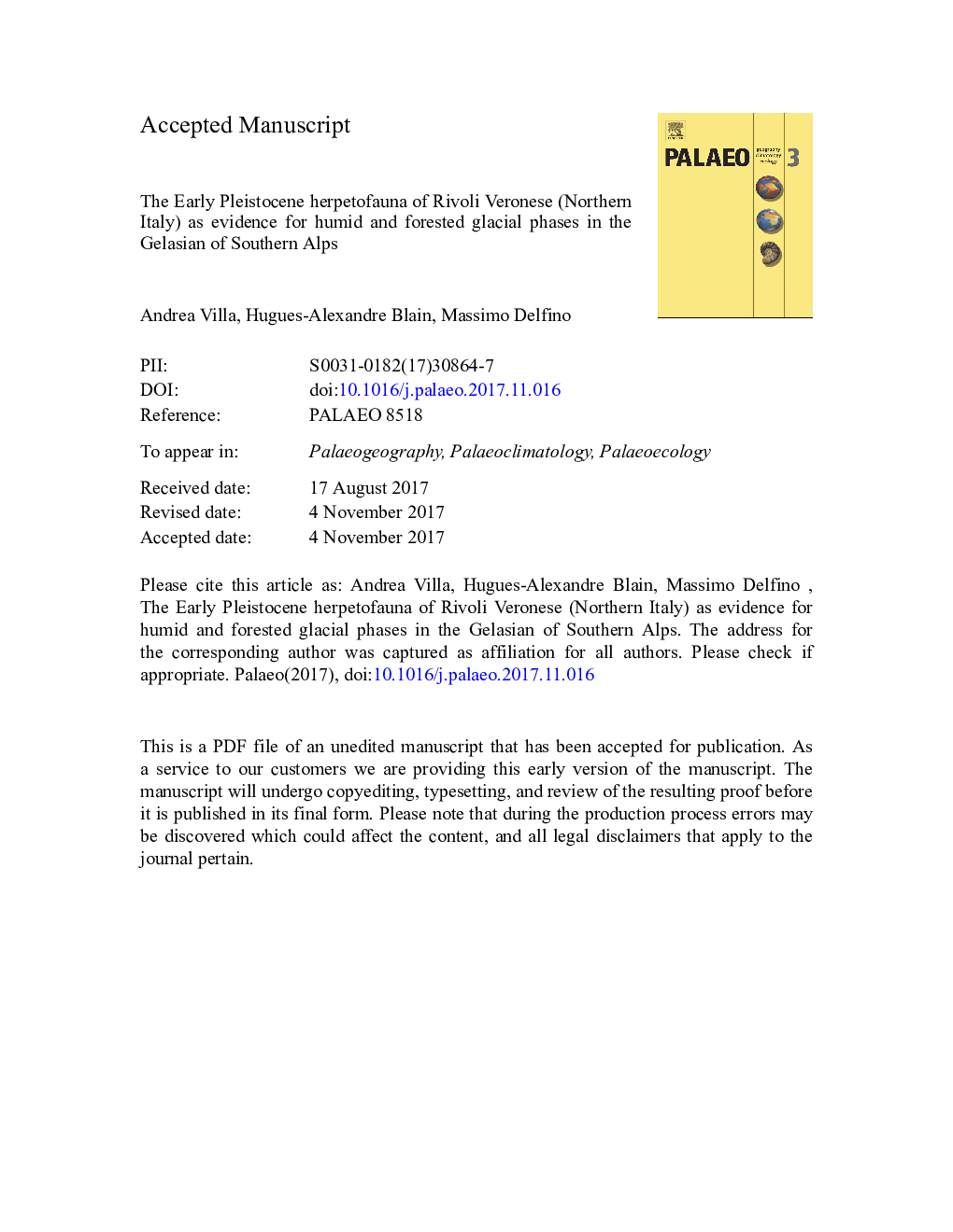 The Early Pleistocene herpetofauna of Rivoli Veronese (Northern Italy) as evidence for humid and forested glacial phases in the Gelasian of Southern Alps