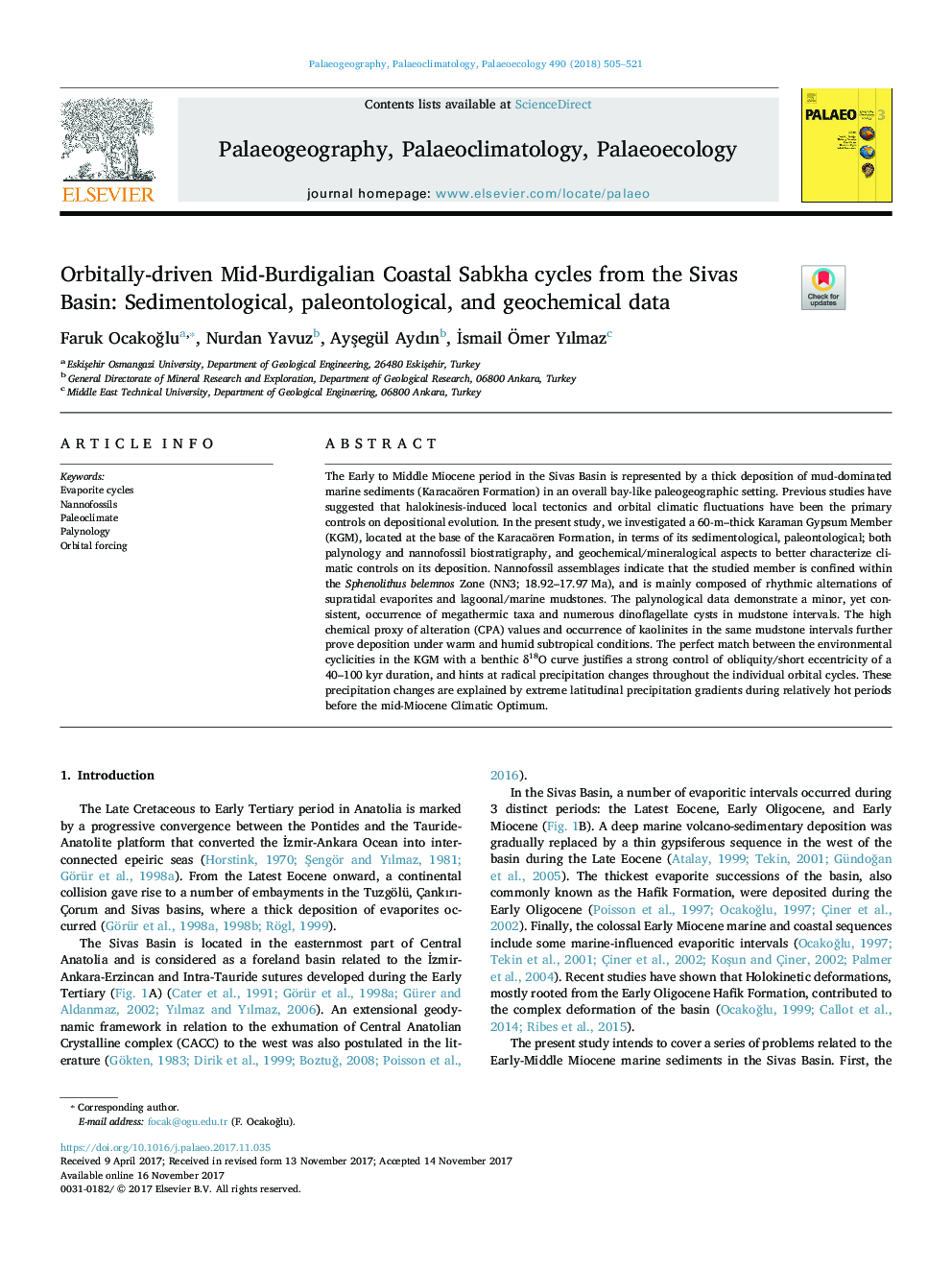 Orbitally-driven Mid-Burdigalian Coastal Sabkha cycles from the Sivas Basin: Sedimentological, paleontological, and geochemical data