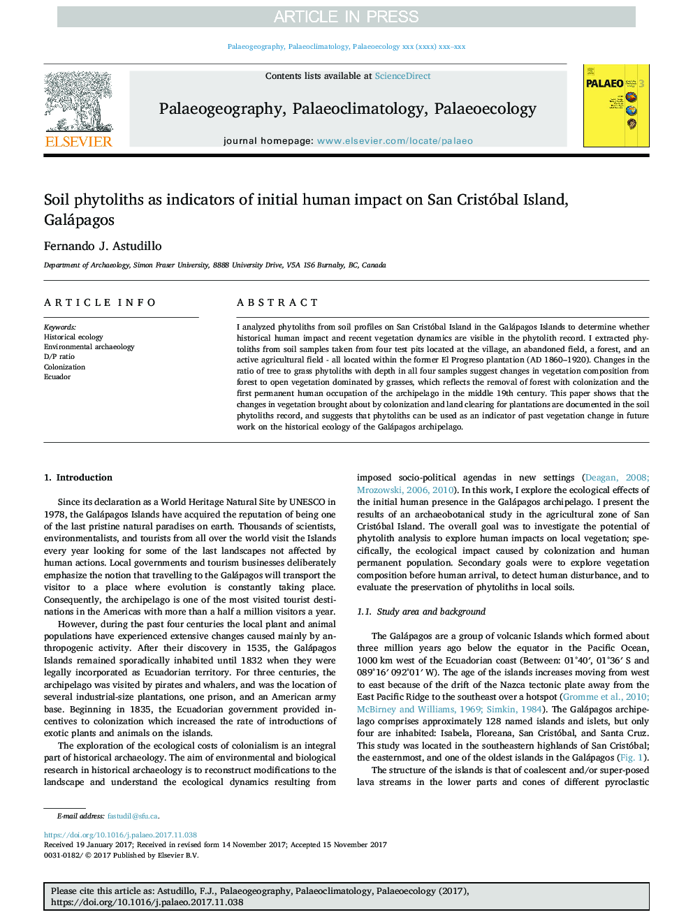 Soil phytoliths as indicators of initial human impact on San Cristóbal Island, Galápagos