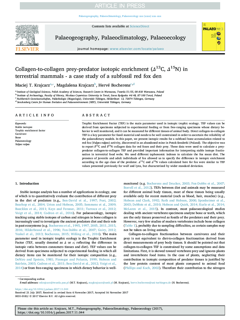 Collagen-to-collagen prey-predator isotopic enrichment (Î13C, Î15N) in terrestrial mammals - a case study of a subfossil red fox den