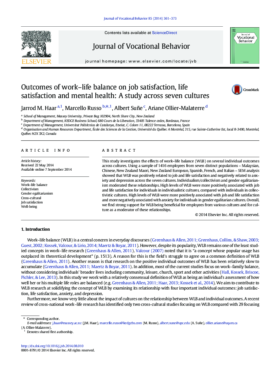 Outcomes of work–life balance on job satisfaction, life satisfaction and mental health: A study across seven cultures
