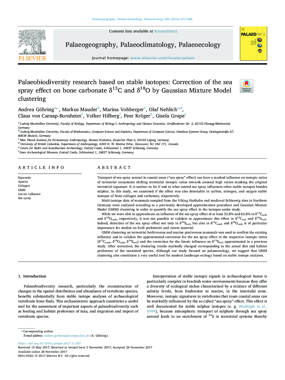 Palaeobiodiversity research based on stable isotopes: Correction of the sea spray effect on bone carbonate Î´13C and Î´18O by Gaussian Mixture Model clustering