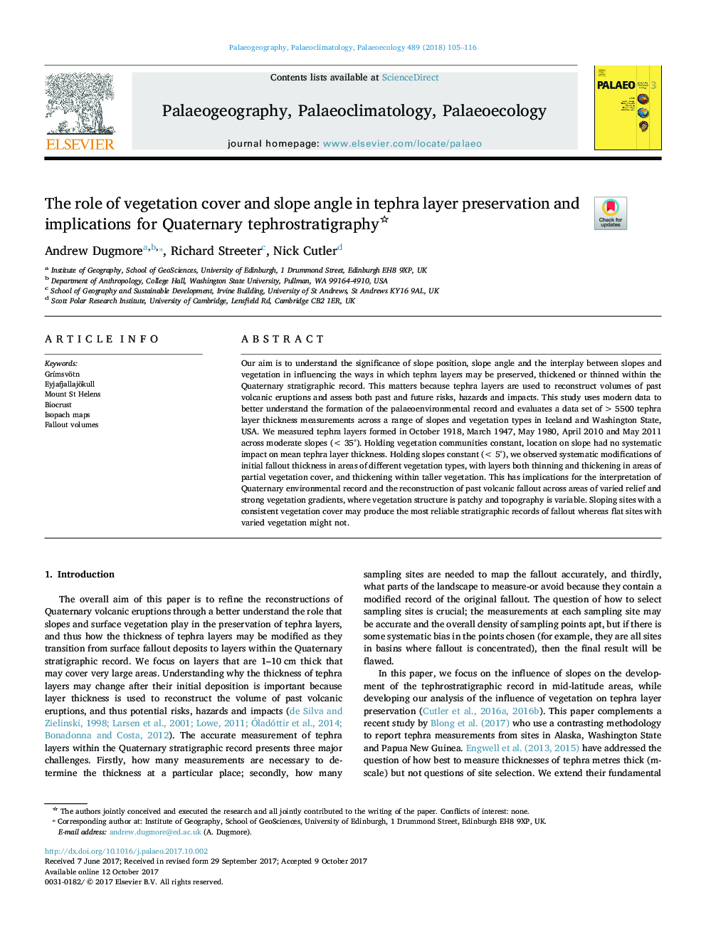 The role of vegetation cover and slope angle in tephra layer preservation and implications for Quaternary tephrostratigraphy